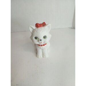Lefton Porcelain White Cat Kitten Figurine Red Bow & Necklace Green Eyes 3.5"